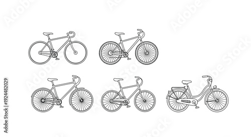 Collection of five different bicycle outlines for design and illustration purposes