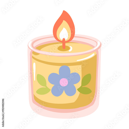 Spring decorative candle with floral label and flame. Cartoon vector isolated illustration on white background 