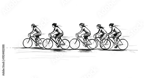 Group of cyclists in a race, sketched in a dynamic, motion-filled style