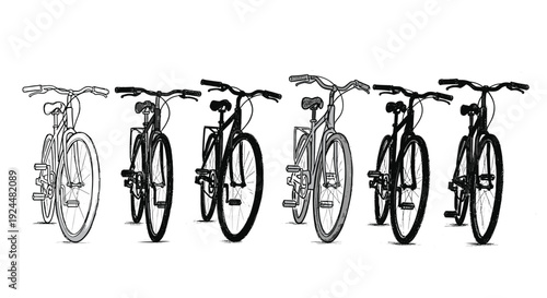 Collection of bicycles in different styles and shades of gray, hand-drawn illustration