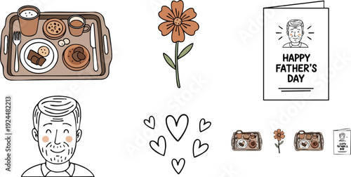 Hand drawn flat design breakfast tray with coffee and pastry flower with green leaves happy fathers day card and smiling man face with hearts illustration