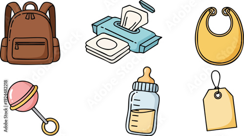 Flat design baby supplies vector set including brown backpack pink rattle blue wet wipes baby bottle yellow bib and blank tag isolated on white background