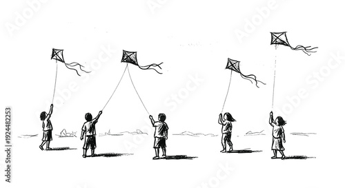 Children flying kites on a breezy day, a simple sketch of childhood joy and outdoor fun