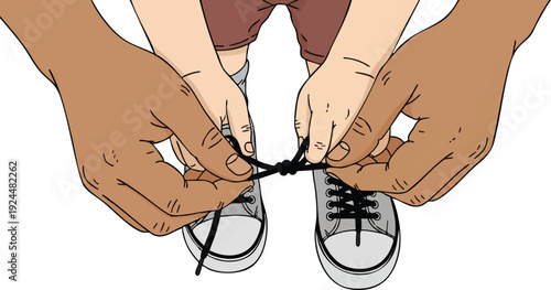 Vector art close up of adult hands and child hands tying shoelaces on gray sneakers with black laces showing care and teaching moment in flat design style