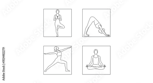 Collection of four minimalist line art yoga poses for wellness and fitness