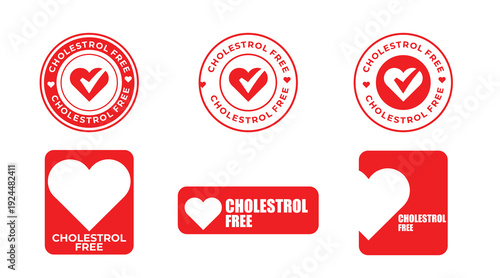 Cholesterol Free Red Badge Set – Heart Healthy Certified Stamp Vector Icons