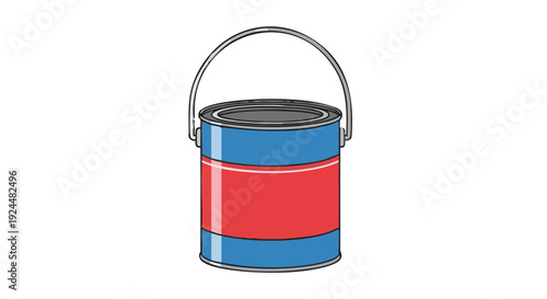 Paint can vector illustration. Closed metal container with blue and red label isolated on black background.