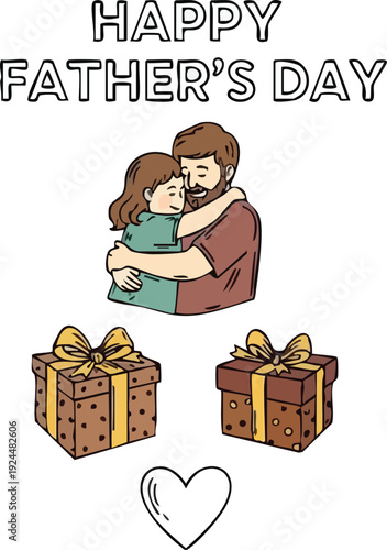 Colorful hand drawn vector art close up father hugging child with gifts and heart above fathers day text centered portrait warm soft whimsical tones