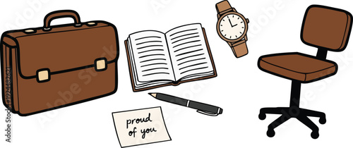Flat design office elements collection including brown briefcase open book wristwatch pen motivational note and swivel chair in simple vector style for workspace organization