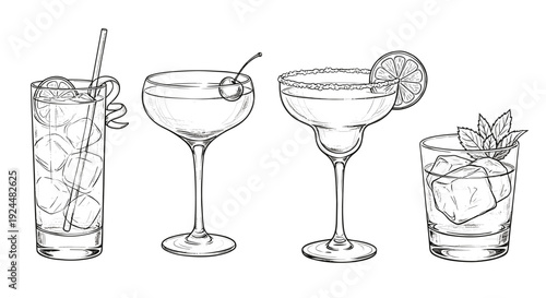 Collection of four hand-drawn cocktail illustrations in a clean line art style