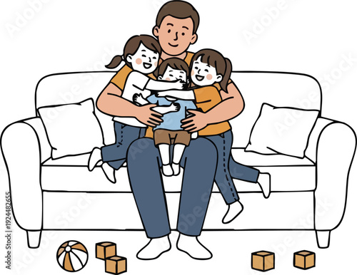 Flat design vector art of smiling father sitting on sofa hugging three happy children with toys scattered around in cozy home environment simple style