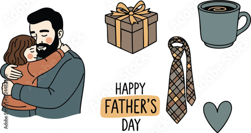 Hand drawn flat design vector art of loving father hugging daughter with gift tie coffee heart icon happy fathers day celebration illustration in pastel color