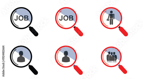 Job Search Magnifying Glass Icon Set – Recruitment Hiring Career Vector Symbols