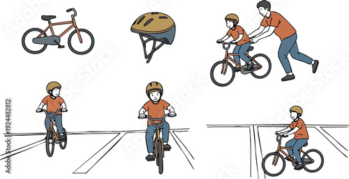 Hand drawn vector art showing child learning to ride orange bike with brown helmet assisted by adult man teaching bicycle safety outdoors flat design