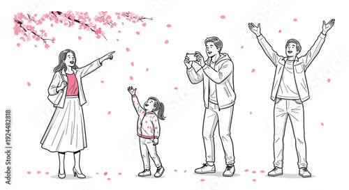 Family enjoying a beautiful spring day with falling cherry blossom petals