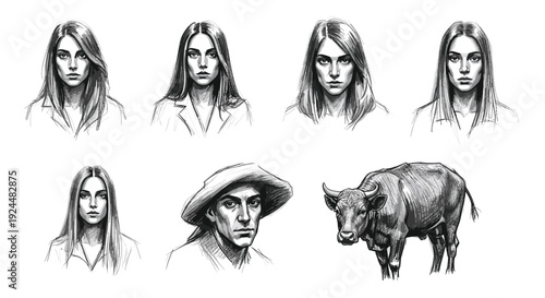 Collection of hand-drawn sketches featuring portraits of women, a man in a hat, and a bull