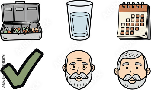 Hand drawn medical pill organizer glass of water calendar checkmark elderly man with beard bald and mustache healthcare reminder vector canva svg png