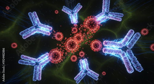 Microscopic illustration of human antibodies actively engaging and neutralizing invading virus particles, showcasing the body's vital immune system defense mechanisms at a cellular level