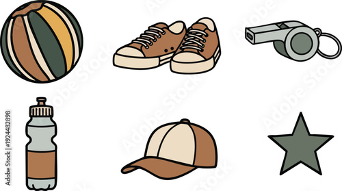 Flat design vector art of striped basketball brown sneakers whistle water bottle sports cap and star icons in simple minimalistic style for canva svg png use and digital projects