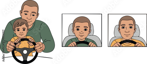 Vector art father teaching son to drive holding steering wheel together close up front seats boy driving car illustration with green and yellow shirts