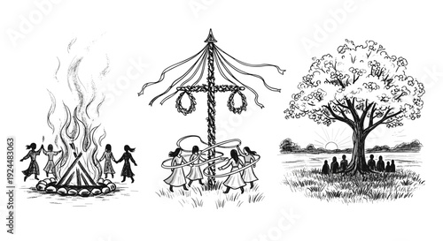 Traditional midsummer celebrations with bonfires, maypole dancing, and gathering under a tree