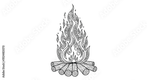 Stylized bonfire with intricate flame patterns and stacked logs, black and white illustration