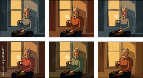Flat design elderly man sitting by window holding steaming cup looking away warm color palette vector art illustration with canva svg png elements included
