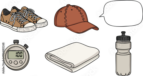 Hand drawn vector art of brown sneakers stopwatch folded towel water bottle and brown cap with speech bubble in minimalist flat design style
