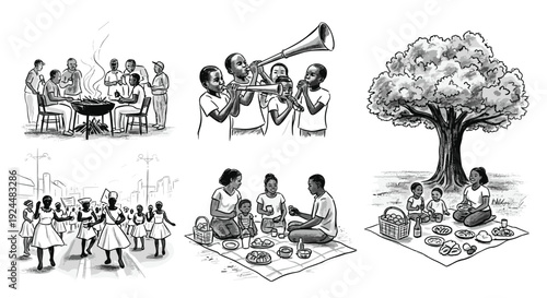 Diverse scenes of African community life, from celebrations to everyday gatherings