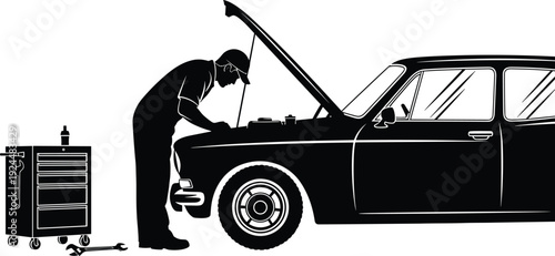 Black silhouette of mechanic checking car engine next to toolbox vehicle tools