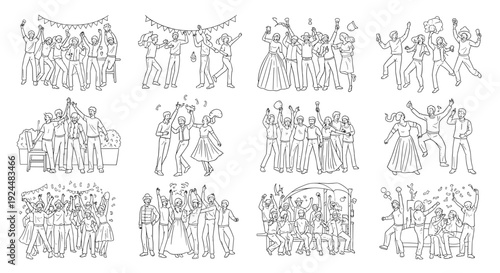 Collection of line art illustrations depicting diverse groups celebrating and cheering with joy