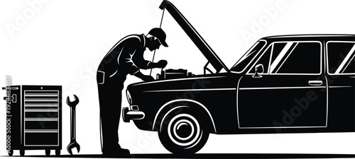 Black silhouette of mechanic working on car with toolbox and wrench