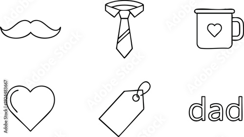 Minimalist black line icons of moustache necktie coffee mug heart label and dad word in simple black and white style for fathers day design and canva svg png