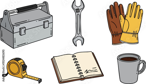 Hand drawn vector art of metal toolbox wrench leather gloves tape measure open notebook and coffee cup isolated on white background