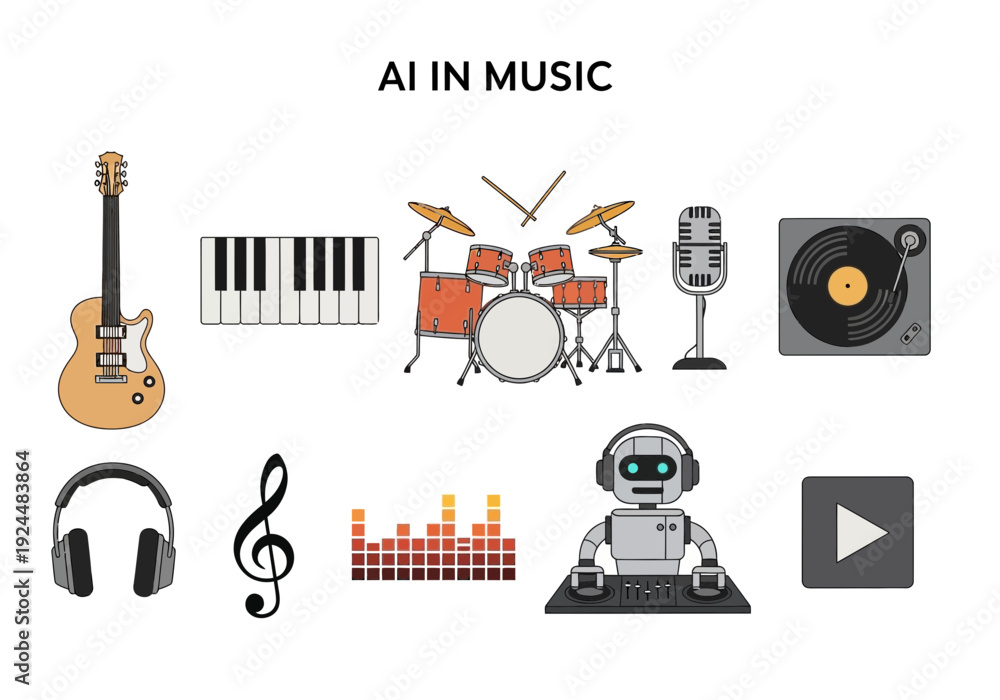 Fototapeta premium Icons related to music and artificial intelligence arranged below a title