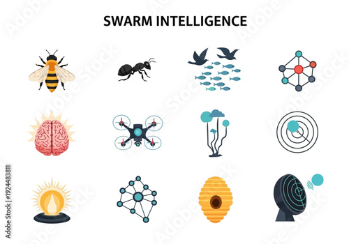 A graphic titled SWARM INTELLIGENCE featuring twelve icons in a fourbythree grid