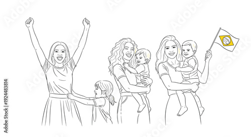 Diverse women and children celebrating, one holding a Brazilian flag, line art style