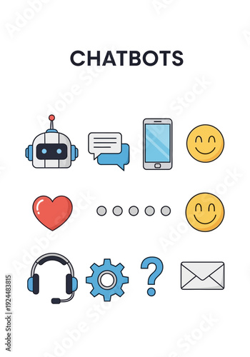 Flat icon set for chatbots featuring a robot head speech bubbles smartphone and emoji