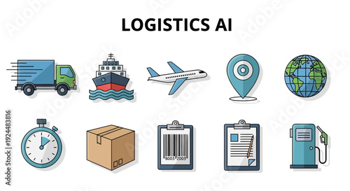 LOGISTICS AI text above two rows of ten colorful flatdesign icons