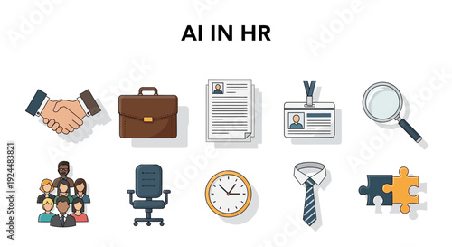 Illustration titled AI IN HR featuring ten icons related to human resources