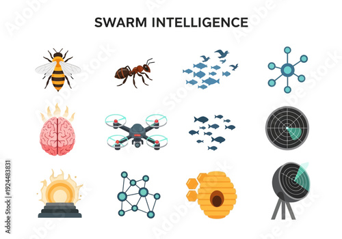 Swarm Intelligence illustration with icons of nature technology and abstract concepts