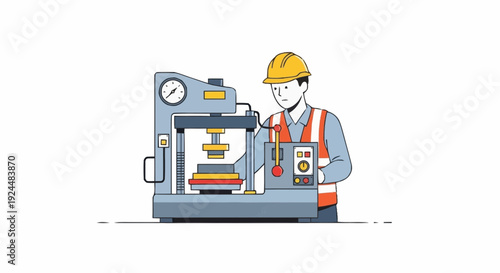Industrial worker operating heavy machinery in a factory setting, illustration