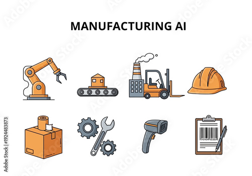Illustration of eight orange and gray icons related to manufacturing and AI technology