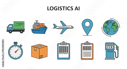 Logistics AI icons featuring transport modes tracking and fuel station