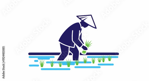 A farmer wearing a conical hat plants rice seedlings in a flooded paddy field, illustrating agricultural work and traditional farming practices