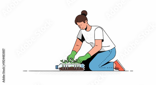 Dedicated woman carefully tending small plants in a repurposed plastic bottle, illustrating eco-friendly urban gardening and sustainable living practices