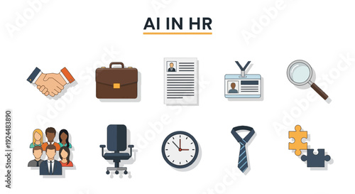 Flat vector icons representing various human resources concepts under the heading AI IN HR