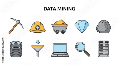 Data mining concept illustration featuring mining tools and computing icons