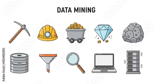 Data Mining illustration with mining tools and computer hardware icons