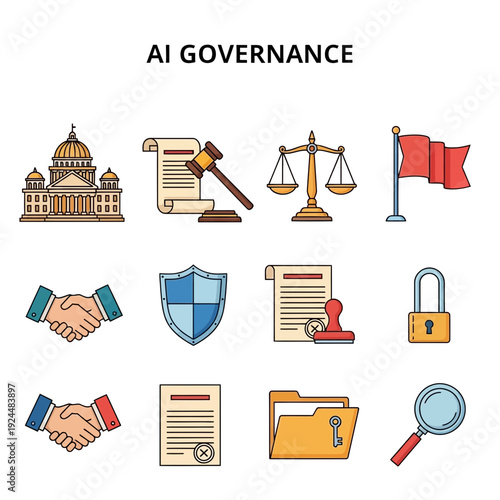 An infographic titled AI GOVERNANCE with twelve icons in a 3x4 grid